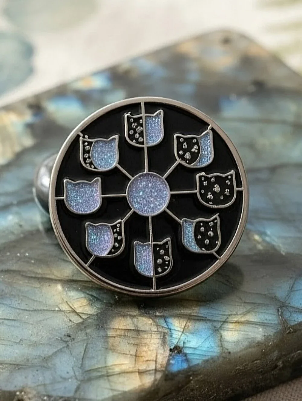 Mystical Cat Moon Phase Circular Silver Metal & Sparkling Light Blue Glitter Pin